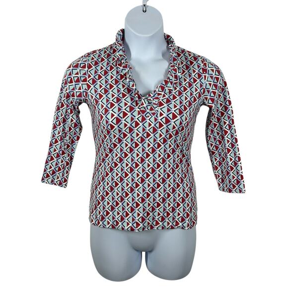 J. McLaughlin Durham Ruffle Top Size XS Geometric Diamond Print 3/4 Sleeve - Picture 2 of 13